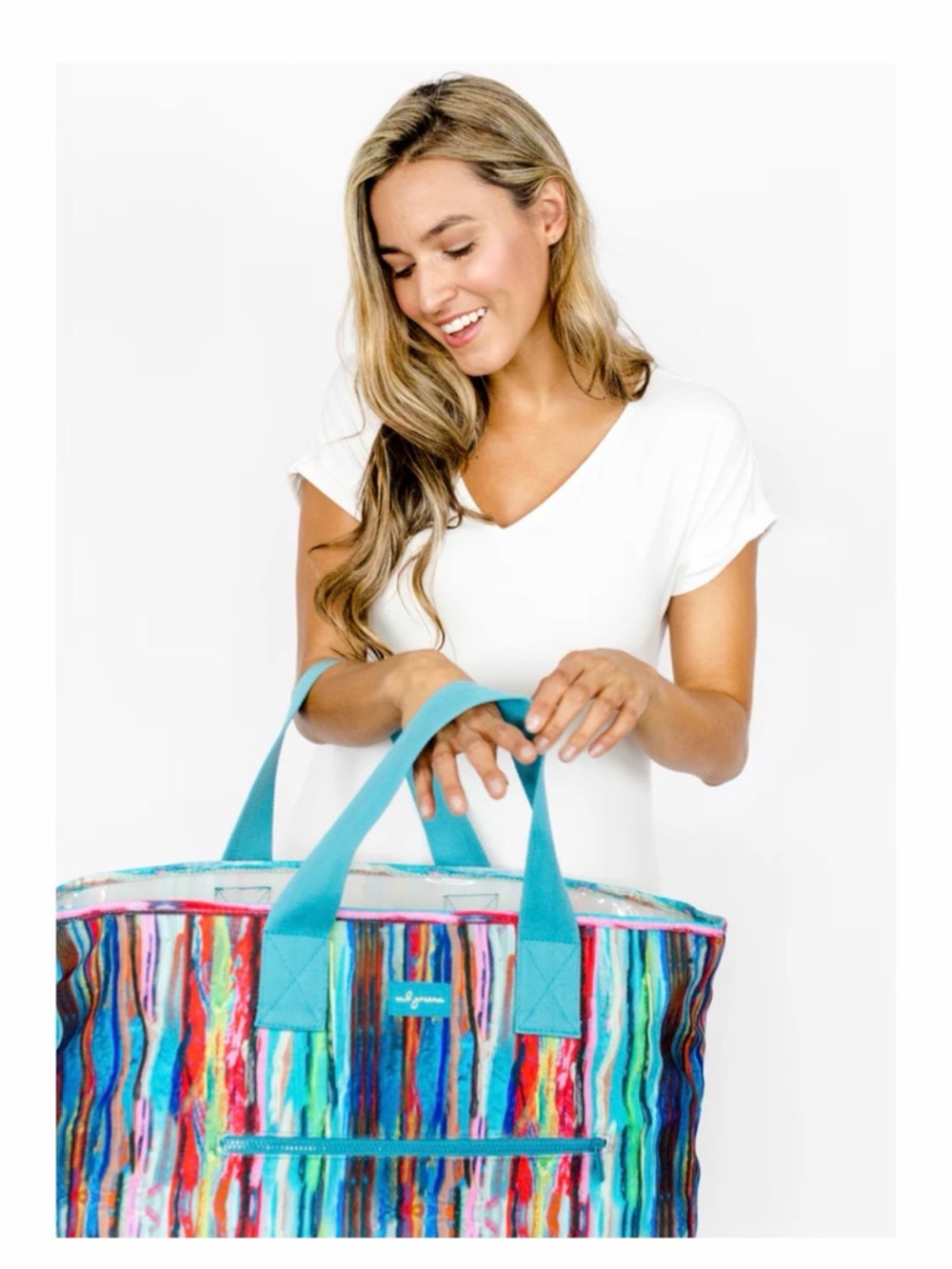 MB GREENE TOTE Colorful Striped with Teal Handles $98 NEW WITH TAGS - Picture 2 of 10